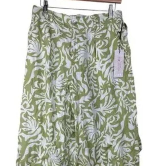 NWT Rachel Zoe  Women Linen Green White Leaves Wide Leg Cropped Pants Size M - Picture 1 of 4